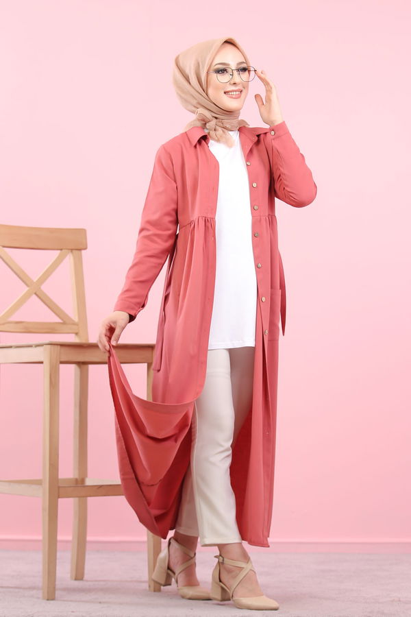 Düz Gömlek Yaka Kadın Pembe 8368 ŞAMRE ELBİSE - 8368