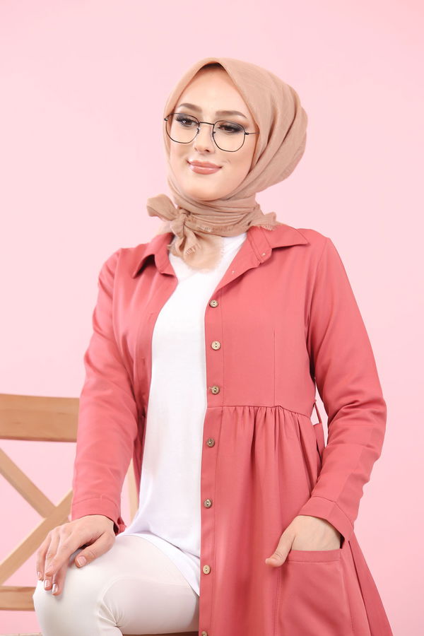 Düz Gömlek Yaka Kadın Pembe 8368 ŞAMRE ELBİSE - 8368