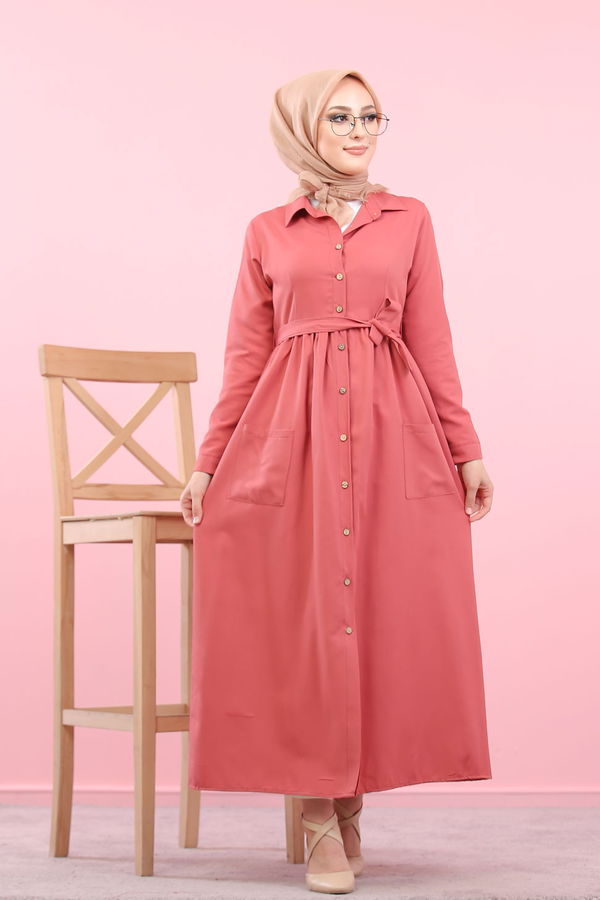 Düz Gömlek Yaka Kadın Pembe 8368 ŞAMRE ELBİSE - 8368