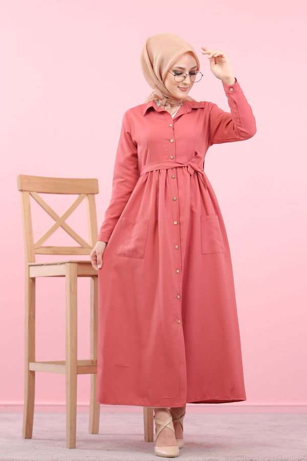 Düz Gömlek Yaka Kadın Pembe 8368 ŞAMRE ELBİSE - 8368