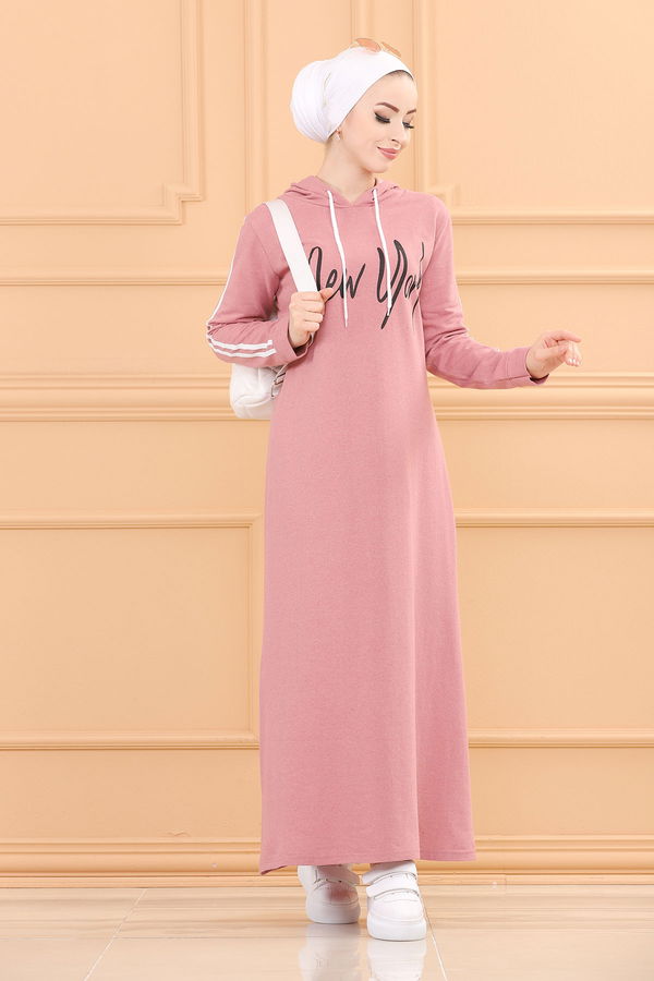 Düz Orta Kadın Pembe Kapşonlu Baskılı Elbise GUL KURUSU - 3395 - 3395 PEMBE