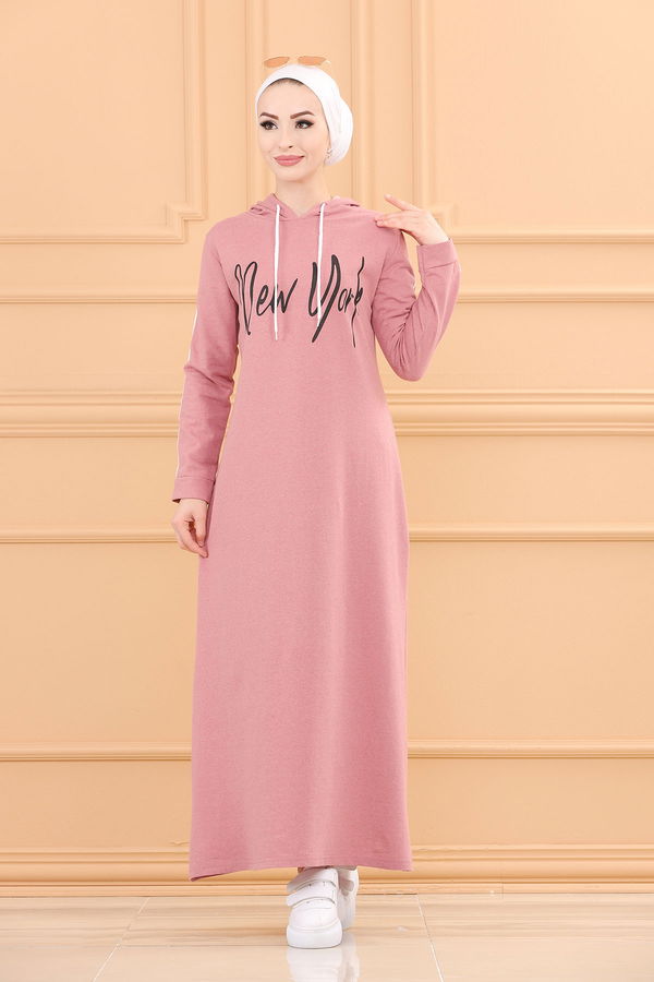 Düz Orta Kadın Pembe Kapşonlu Baskılı Elbise GUL KURUSU - 3395 - 3395 PEMBE