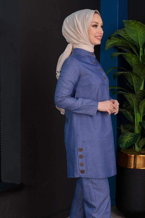 Düz Bisiklet Yaka Kadın Mavi Tunik Pantolon  - 8432 MAVİ