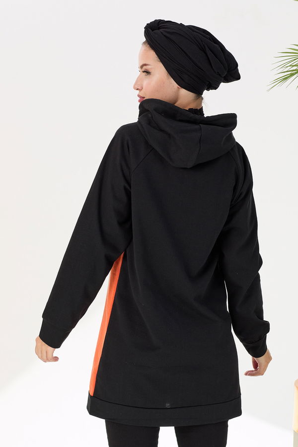 Düz Orta Kadın Siyah Kapşonlu Sweat - 21512