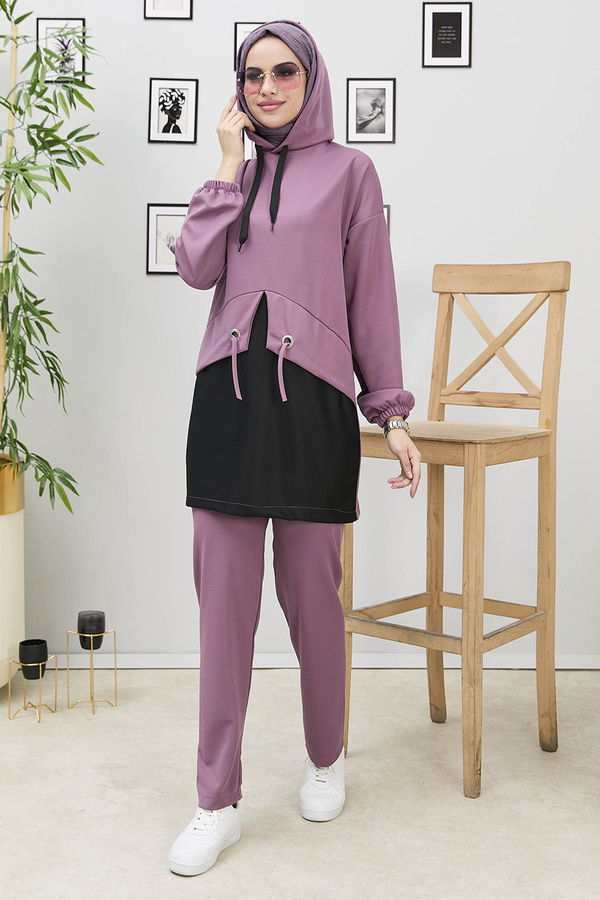 Düz Kapşonlu Yaka Kadın Pembe Tunik+Pantolon - 11181 PEMBE