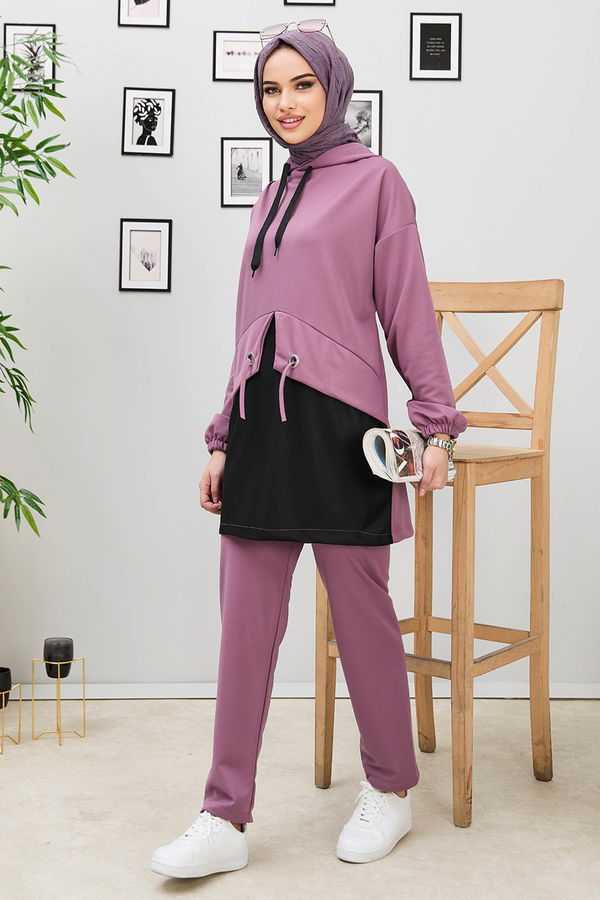 Düz Kapşonlu Yaka Kadın Pembe Tunik+Pantolon - 11181 PEMBE