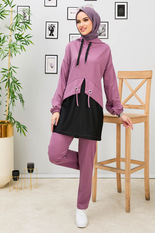 Düz Kapşonlu Yaka Kadın Pembe Tunik+Pantolon - 11181 PEMBE