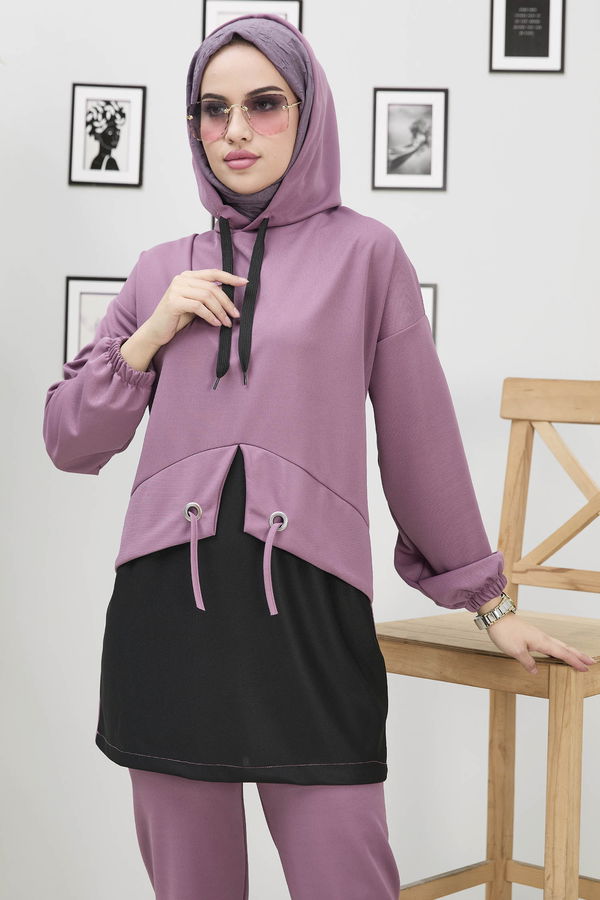 Düz Kapşonlu Yaka Kadın Pembe Tunik+Pantolon - 11181 PEMBE
