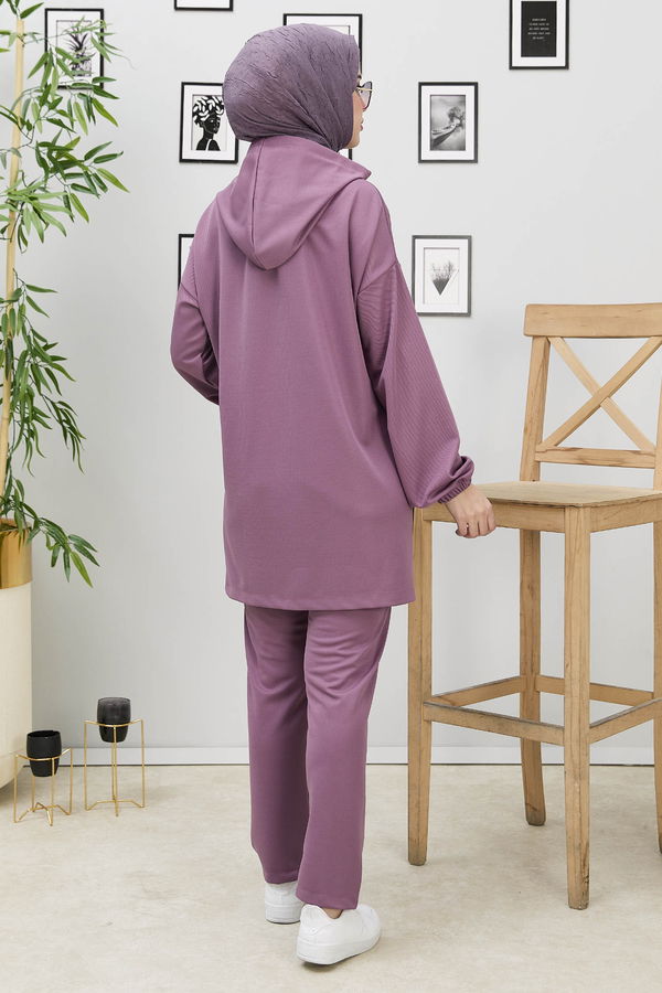 Düz Kapşonlu Yaka Kadın Pembe Tunik+Pantolon - 11181 PEMBE