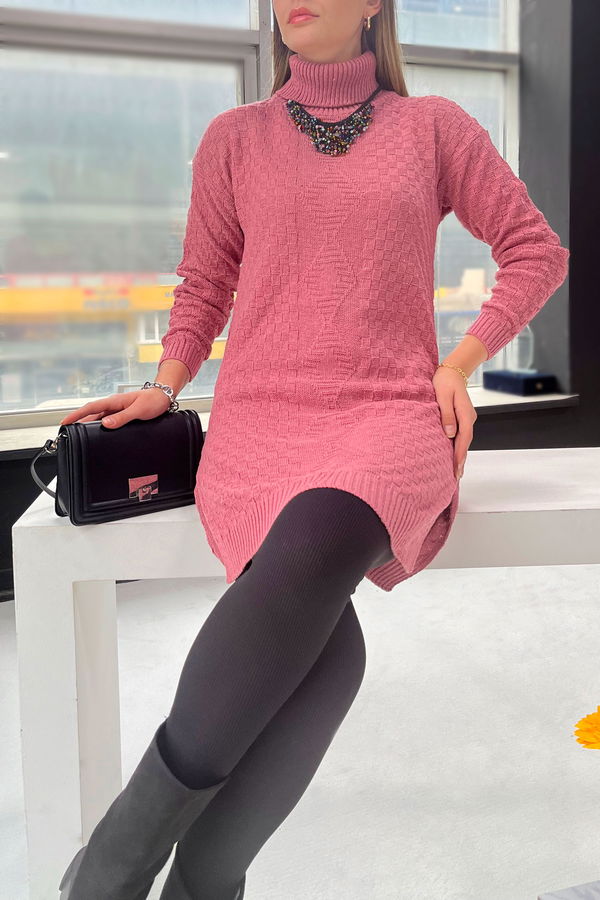 Düz Balıkcı Yaka Kadın Pembe Triko Kazak - 21926 PEMBE