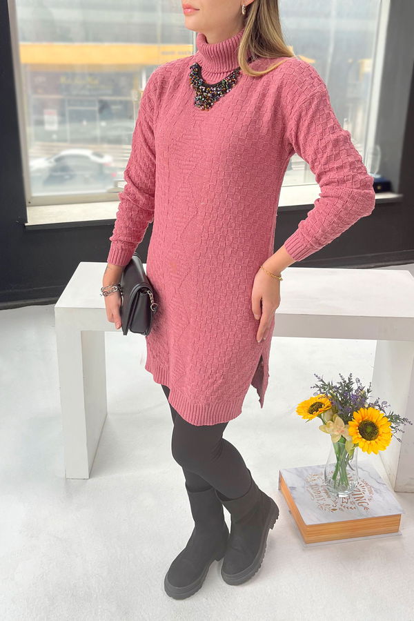 Düz Balıkcı Yaka Kadın Pembe Triko Kazak - 21926 PEMBE