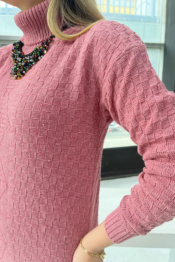 Düz Balıkcı Yaka Kadın Pembe Triko Kazak - 21926 PEMBE