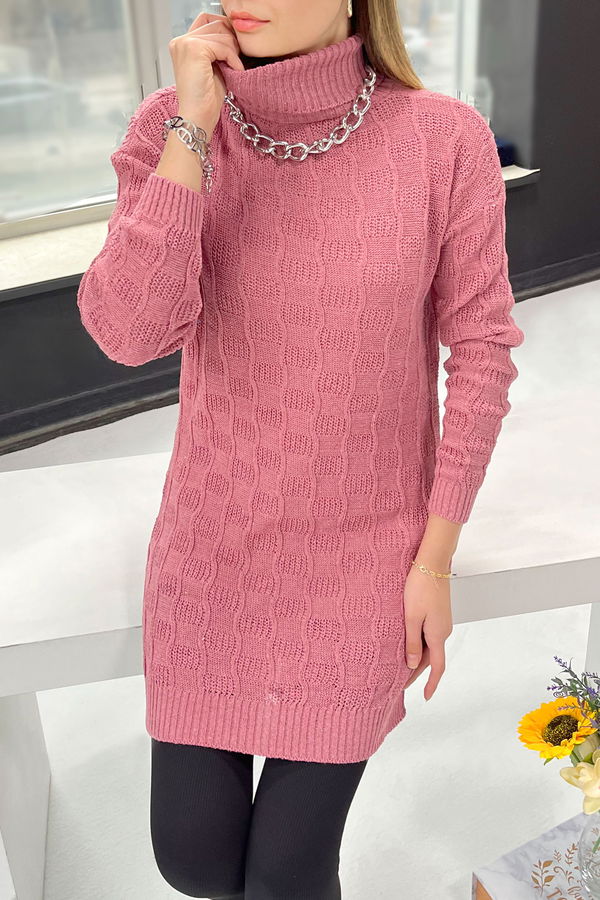 Düz Balıkcı Yaka Kadın Pembe Triko Kazak - 21928 PEMBE