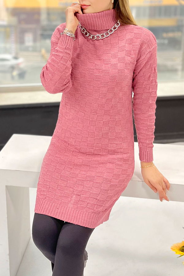Düz Balıkcı Yaka Kadın Pembe Triko Kazak - 21928 PEMBE