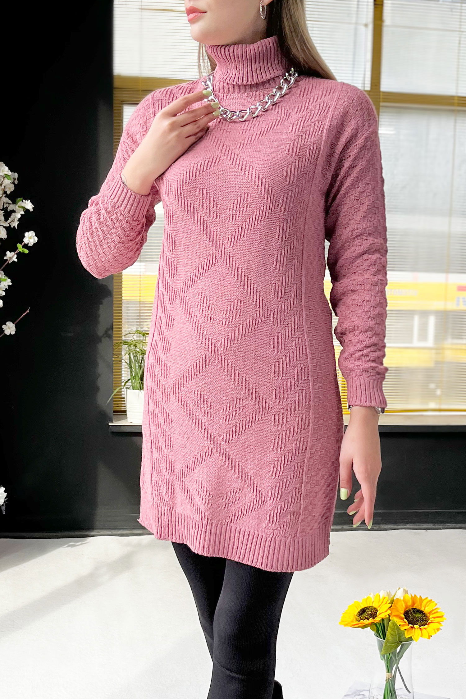 Düz Orta Kadın Pembe Triko Kazak - 21925 PEMBE