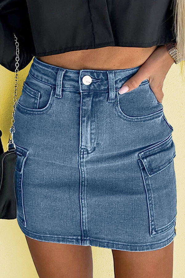 Düz Orta Kadın Mavi Mini Kot Etek - 11638