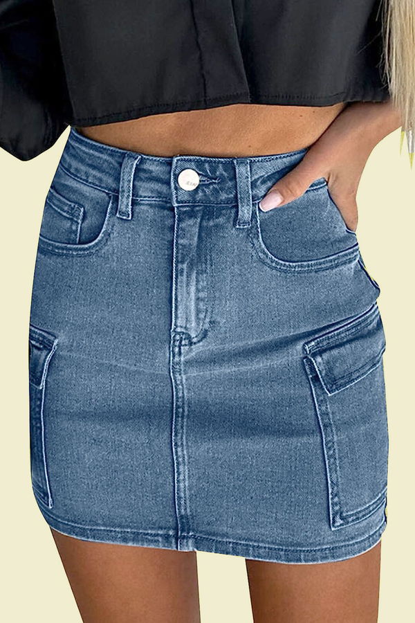 Düz Orta Kadın Mavi Mini Kot Etek - 11638