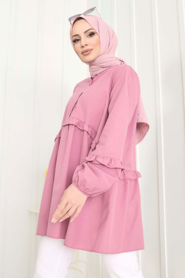 Düz Gömlek Yaka Kadın Pembe Tunik - 22485