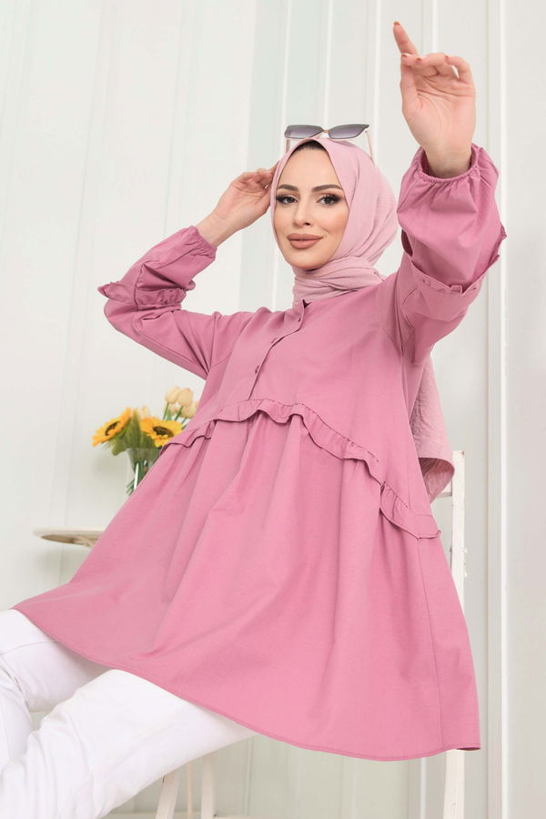 Düz Gömlek Yaka Kadın Pembe Tunik - 22485