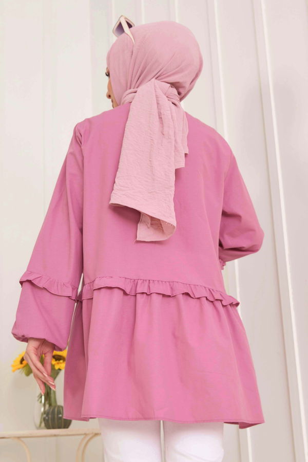 Düz Gömlek Yaka Kadın Pembe Tunik - 22485