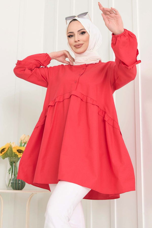 Düz Gömlek Yaka Kadın Kırmızı Tunik - 22485