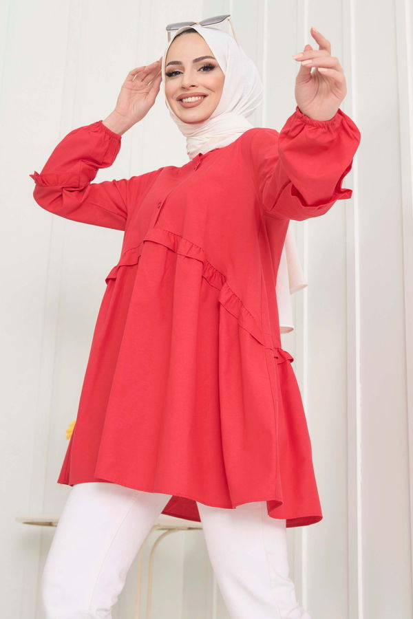 Düz Gömlek Yaka Kadın Kırmızı Tunik - 22485