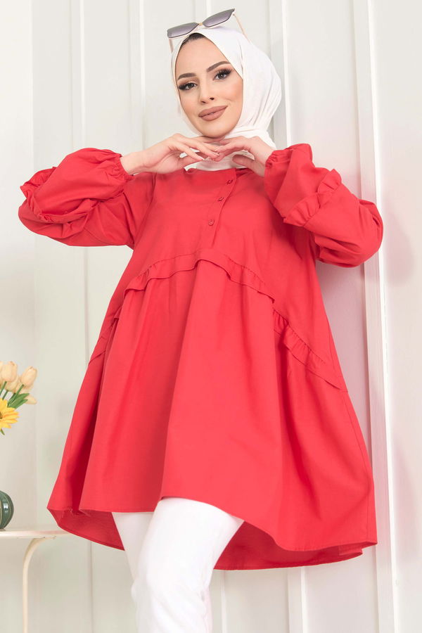 Düz Gömlek Yaka Kadın Kırmızı Tunik - 22485