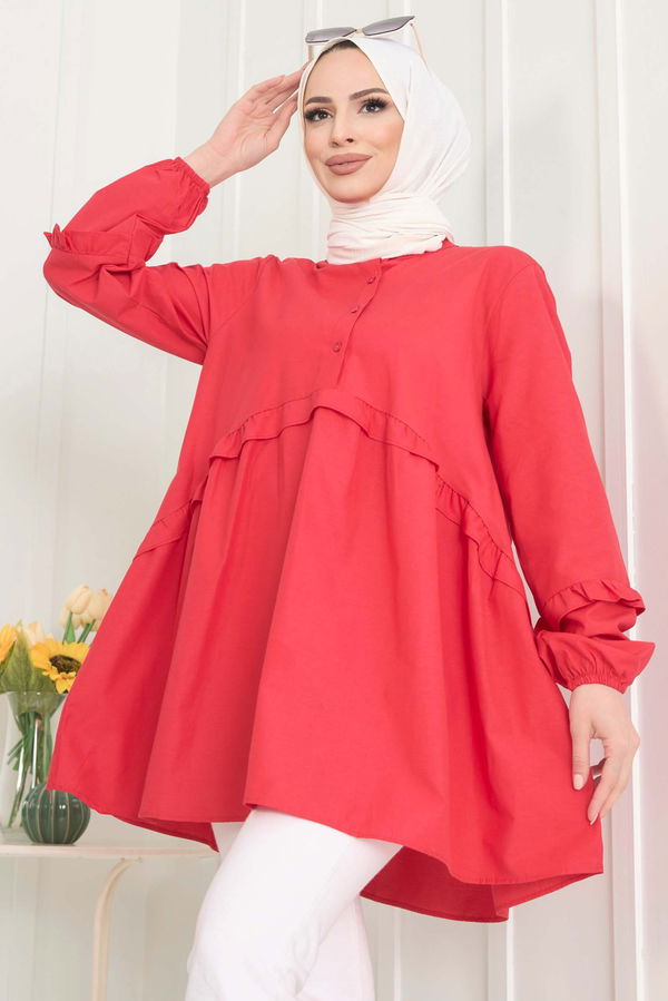 Düz Gömlek Yaka Kadın Kırmızı Tunik - 22485