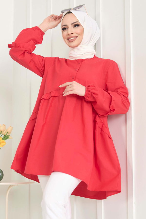 Düz Gömlek Yaka Kadın Kırmızı Tunik - 22485