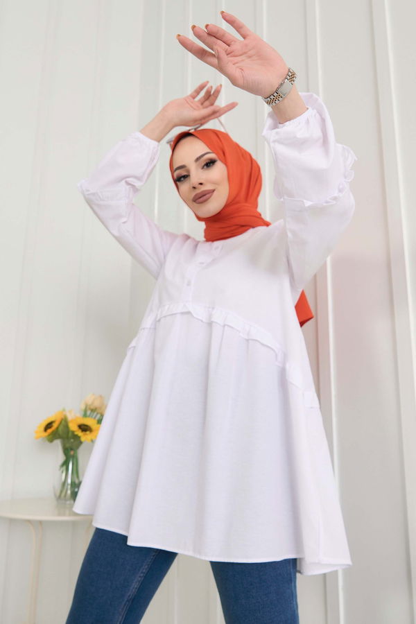 Düz Gömlek Yaka Kadın Beyaz Tunik - 22485
