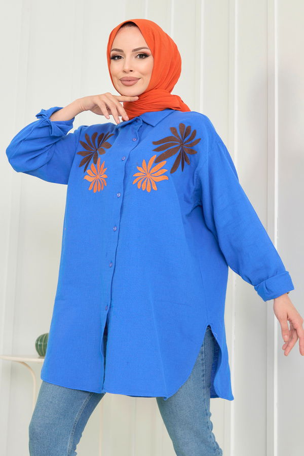 Düz Gömlek Yaka Kadın Mavi Tunik - 22565