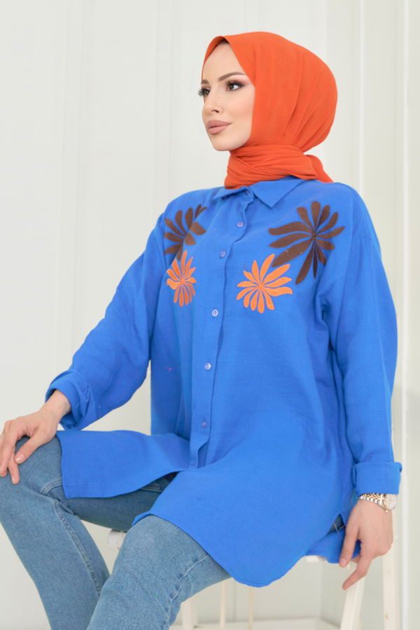 Düz Gömlek Yaka Kadın Mavi Tunik - 22565