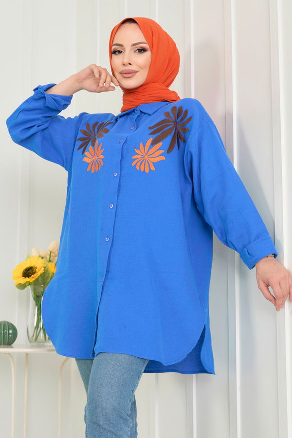 Düz Gömlek Yaka Kadın Mavi Tunik - 22565