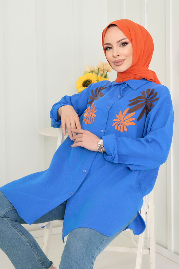 Düz Gömlek Yaka Kadın Mavi Tunik - 22565