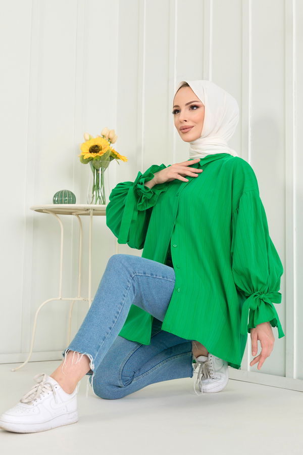Düz Gömlek Yaka Kadın Yeşil Tunik - 22567 YEŞİL
