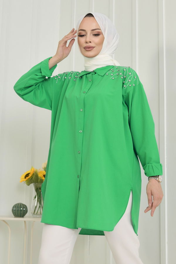 Düz Gömlek Yaka Kadın Yeşil Tunik - 22574