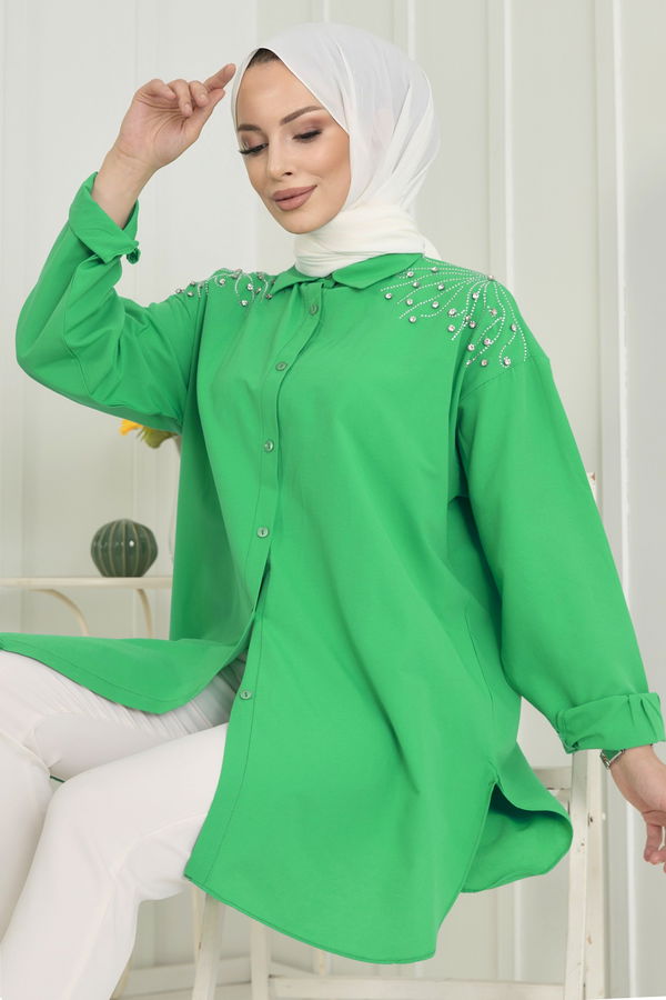 Düz Gömlek Yaka Kadın Yeşil Tunik - 22574