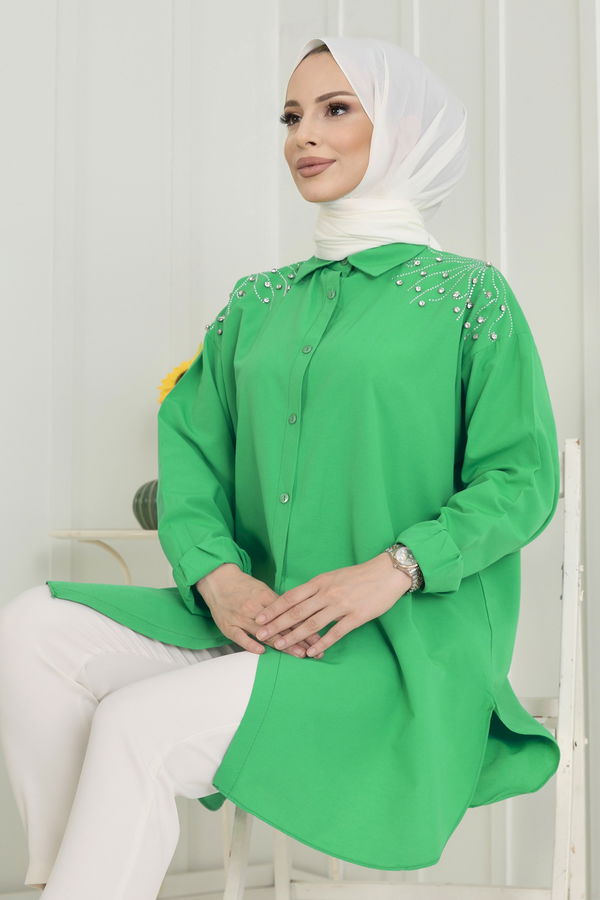 Düz Gömlek Yaka Kadın Yeşil Tunik - 22574