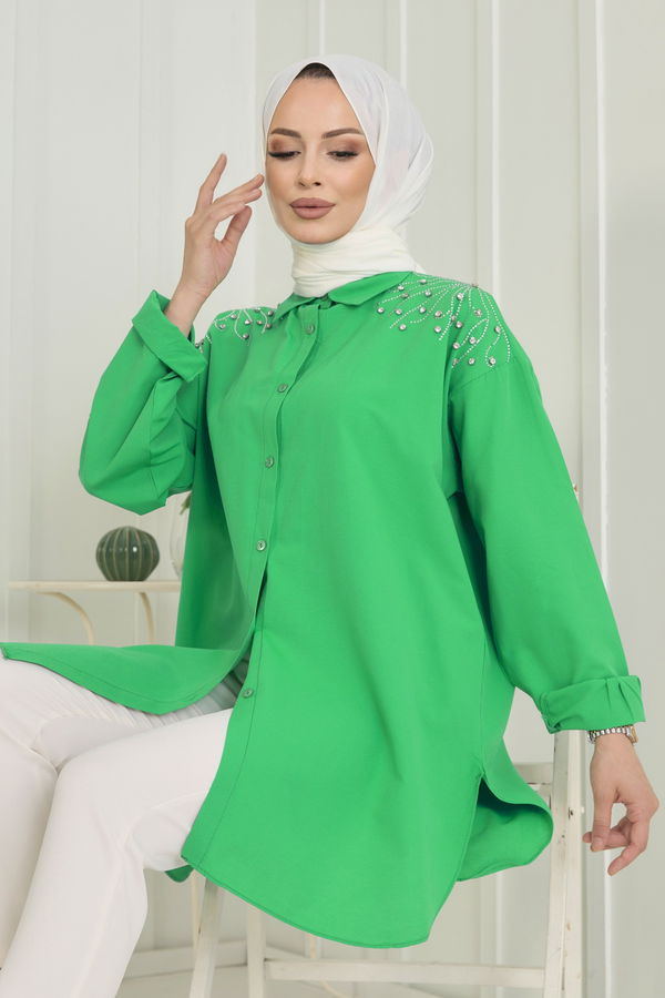 Düz Gömlek Yaka Kadın Yeşil Tunik - 22574