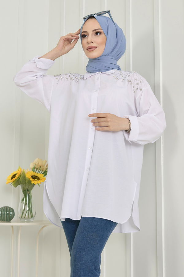 Düz Gömlek Yaka Kadın Beyaz Tunik - 22574