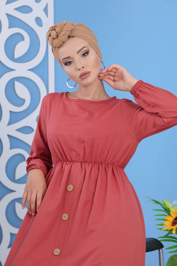 Düz Orta Kadın Pembe Dügme Detay Elbise Siyah  - 7160 PEMBE