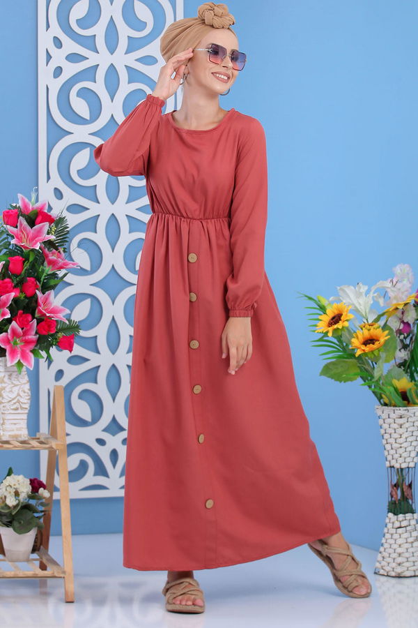 Düz Orta Kadın Pembe Dügme Detay Elbise Siyah  - 7160 PEMBE