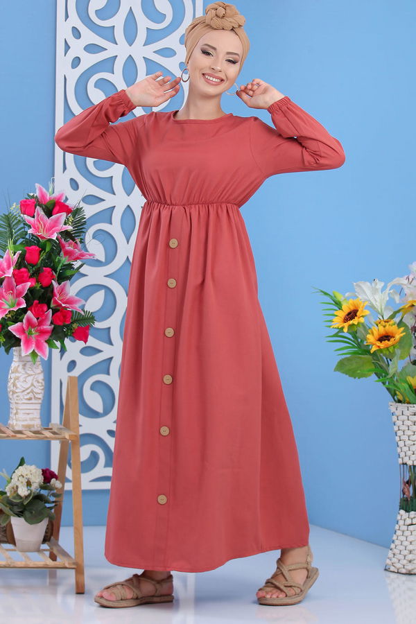 Düz Orta Kadın Pembe Dügme Detay Elbise Siyah  - 7160 PEMBE