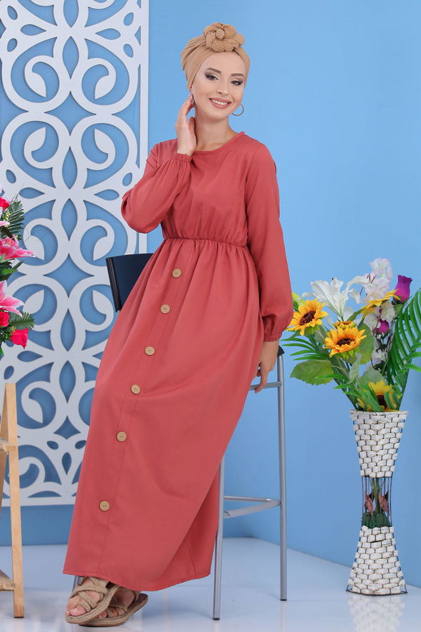 Düz Orta Kadın Pembe Dügme Detay Elbise Siyah  - 7160 PEMBE
