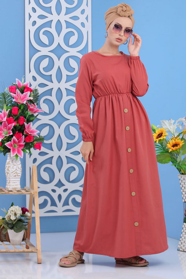 Düz Orta Kadın Pembe Dügme Detay Elbise Siyah  - 7160 PEMBE