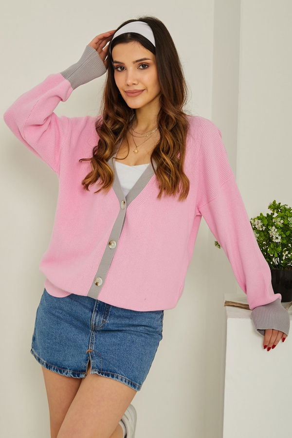 Triko Renkli Hırka Açik Pembe - 26736
