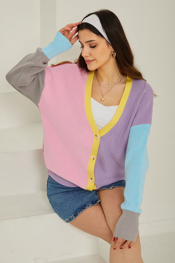 Triko Renkli Hırka Fusya - 26736