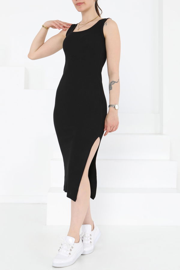 Kare Yaka Yırtmaçlı Midi Elbise - 27230
