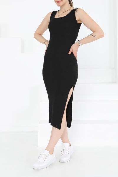 Kare Yaka Yırtmaçlı Midi Elbise - 27230