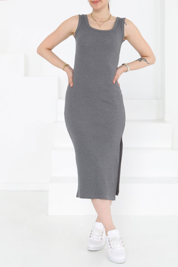 Kare Yaka Yırtmaçlı Midi Elbise - 27230